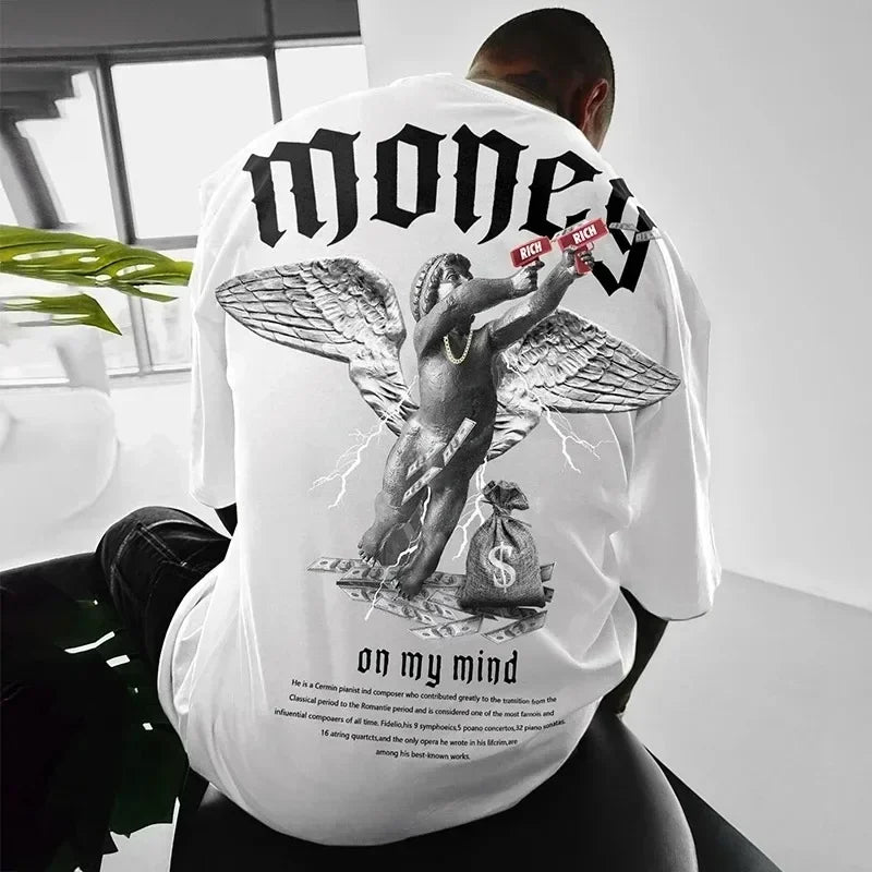 Money Angel Print Men's T-Shirt Loose Oversize Streetwear