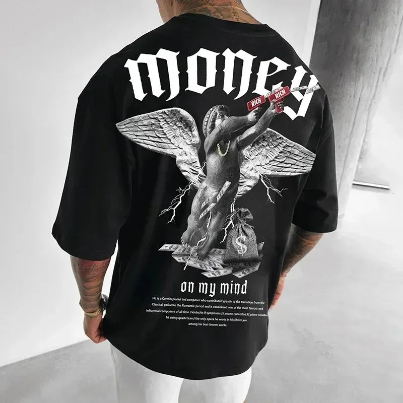 Money Angel Print Men's T-Shirt Loose Oversize Streetwear